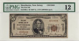 $5 1929 Type 1 The First National Bank Hawthorne NJ Fr#1800-1 CH#12663 PMG F12 - Picture 1 of 2
