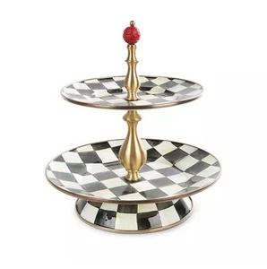 MACKENZIE CHILDS COURTY CHECK ENAMEL TWO TIER SWEET STAND 11" NEW COURTLY CHECK - Picture 1 of 1