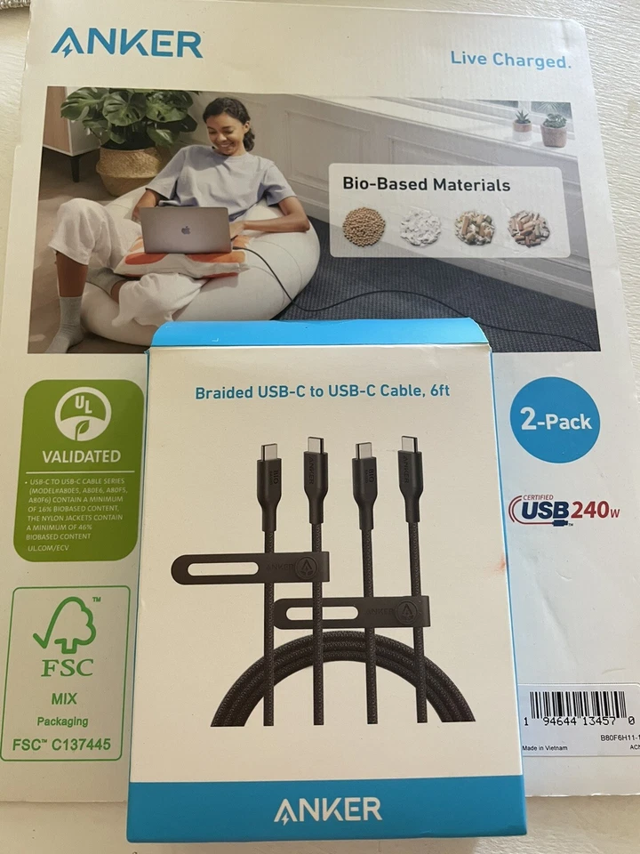 Anker Braided Durable USB-C to USB-C Cable 6-Feet, 240W Fast Charge, 2 Pack 351 - Image 1 of 3