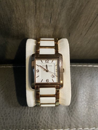 NUOVO OROLOGIO MICHAEL KORS ROSA FRANCESE TONO ORO + BIANCO ACRILICO RETTANGOLO MK4274
