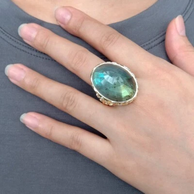 Big Gemstone Rings Gold Plated Natural Labrodorite Party Ring Size Adjustable - Image 1 of 4