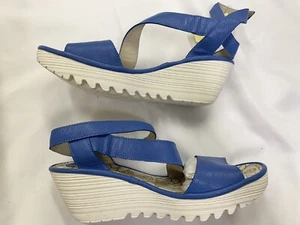 Fly London Yesk Mousse Smurf Blue Wedge Sandal Leather Wrap 42 US 11/11.5 NEW - Picture 1 of 11