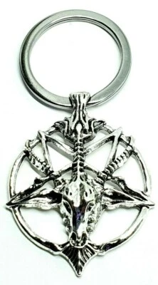 Portachiavi Baphomet Pentagramma Satana Sigillo Satanico Placcato Argento Lav... - Immagine 1 di 4