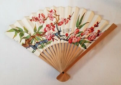 Vintage Chinese Folding Hand Fan Linen W Bamboo Handle 2 Sided Asian Art 1950's  - Image 1 of 4