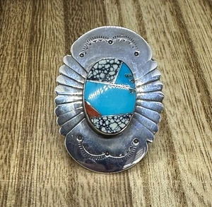 Native American Sterling Silver Turquoise Inlay Bandana Scarf Ring Signed J - Picture 1 of 6