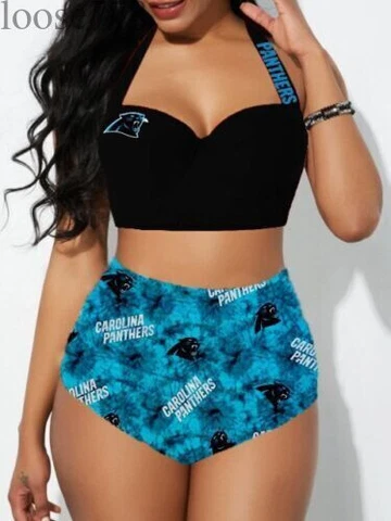 Carolina Panthers Women's 2PCS Bikini Set Push Up Swimsuit Beach Halter Swimwear Cover