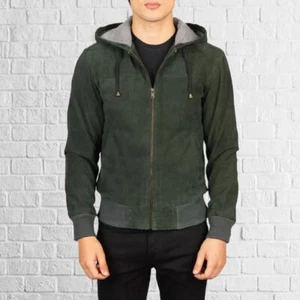 Classic Men's Sheepskin Green Suede Hooded Leather Jacket Biker Luxury Coat - Picture 1 of 5