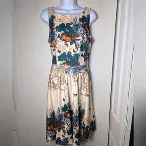 Parrot Dress Lady Vintage Made In London Tea Butterfly Retros 50s Italy Cream - Picture 1 of 14