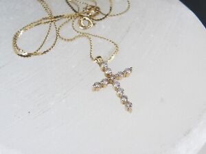 14K Yellow Gold Natural Diamond Cross Pendant Necklace 15.5"
