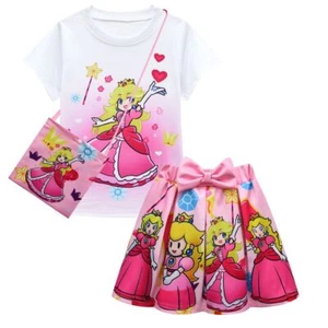 Princess Peach Skirt Pink Girls Cartoon Short Sleeve Top Tee Kids T-Shirt Skirt - Picture 1 of 28