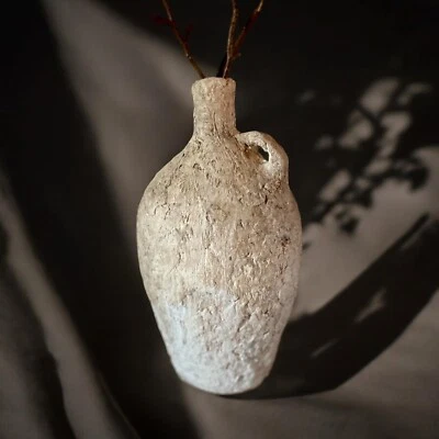 Hand Crafted Vase Aged Rustic Beige Paper Mache Vase. - Image 1 of 4