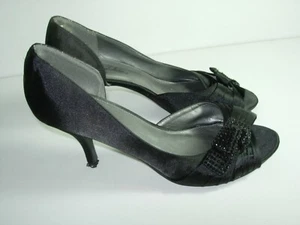 WOMENS BLACK SATIN RHINESTONE PUMPS HEELS OPEN TOE EVENING SHOES SIZE 9 M - Picture 1 of 4