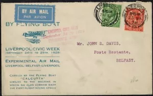 Great Britain 1928 Flying Boat Cacheted Cover w/1/2d & 2d & Belfast Backstamp - Picture 1 of 3