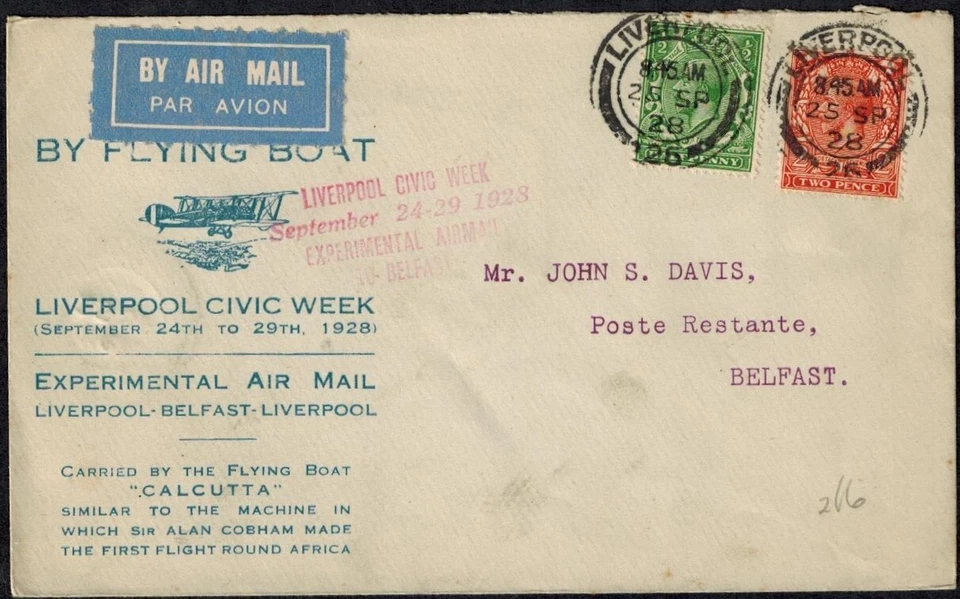 Great Britain 1928 Flying Boat Cacheted Cover w/1/2d & 2d & Belfast Backstamp - Image 1 of 3