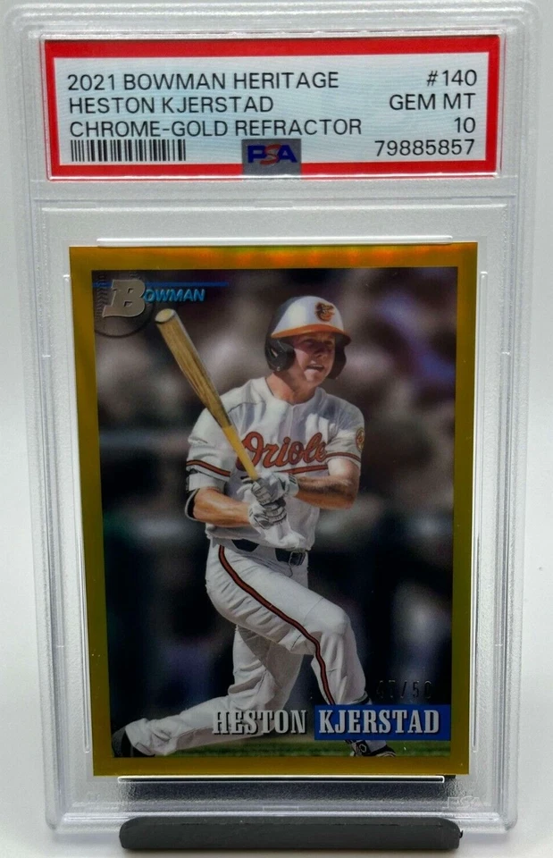 2021 Bowman Heritage Chrome Heston Kjerstad Gold Refractor /50 Card #140 PSA 10 - Image 1 of 2