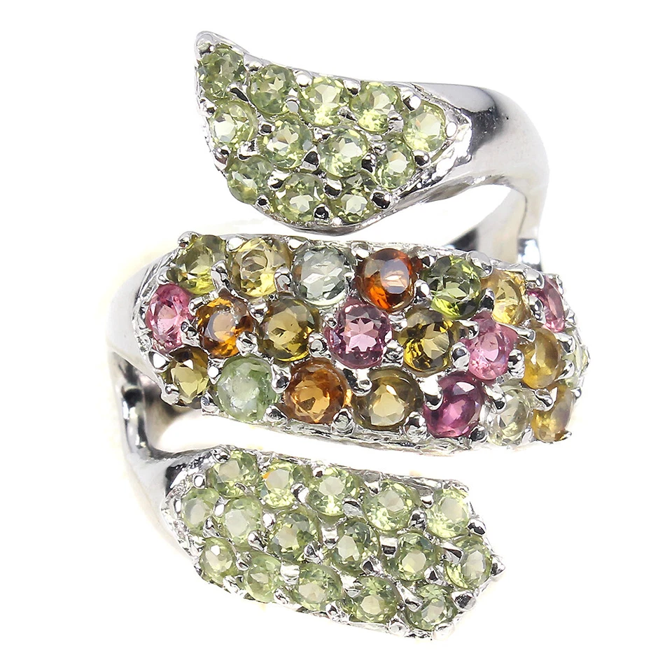 Anillo de plata de ley 925 redondo turmalina peridoto piedras preciosas naturales joyería talla 7 Foto 1 de 4