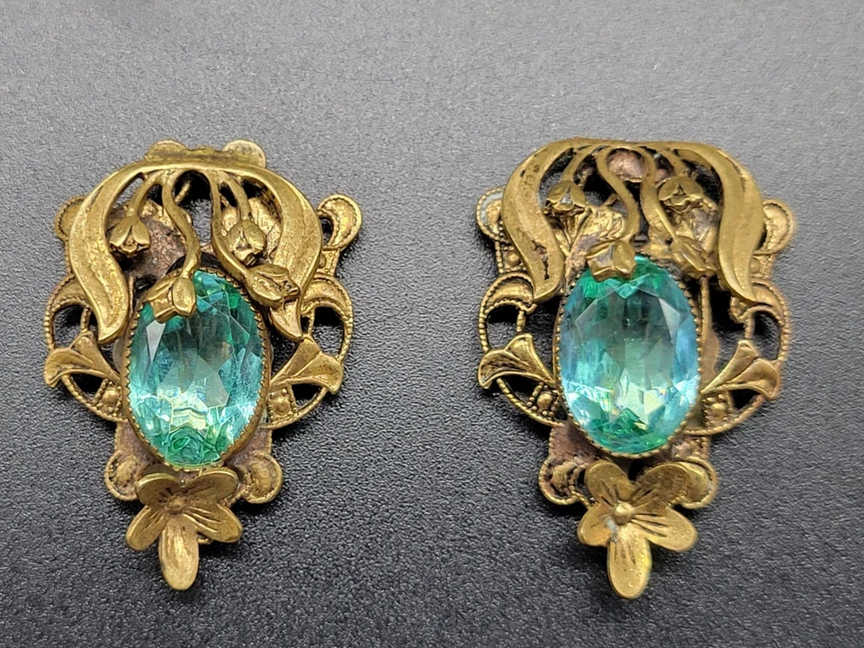 Art Nouveau Vestido Clip Par Antiguo Tono Dorado Flores Aqua Marino Color Piedra Foto 1 de 4