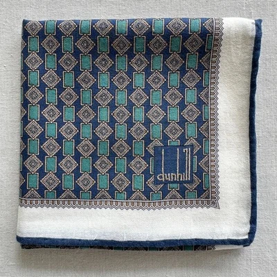 Dunhill VTG Handkerchief Green Blue Cotton Geometric Pattern Pocket Square 20" - Image 1 of 3