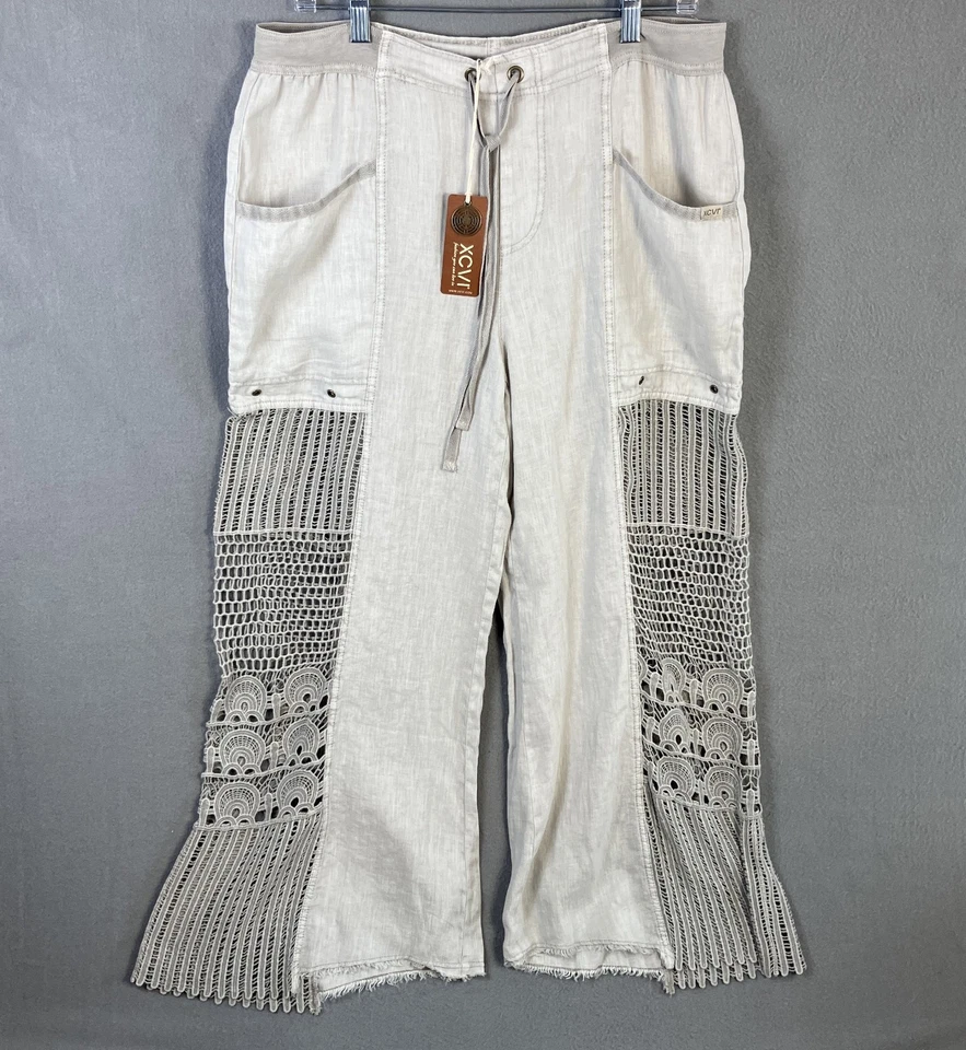 XCVI Women's Linen Wide Leg Crochet Accents Pants Size L Gray Boho NWT - Image 1 of 4