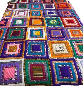 Vintage Ruffled Log Cabin Rainbow Satin Quilt 86x73 Magnifent Pristine - Picture 1 of 12