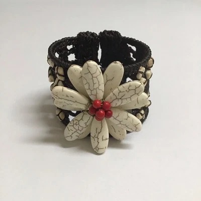 Artisan Cuff Handmade Howlite Flower Cream Gemstone Bracelet Macrame Boho NEW - Image 1 of 4