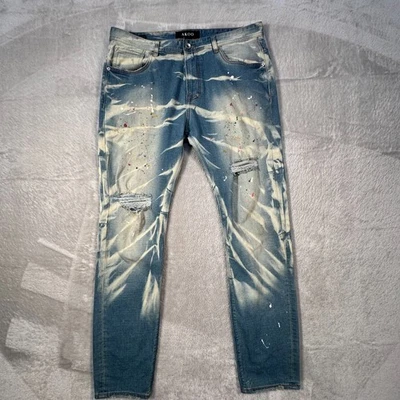 Jeans Akoo Para Hombres 38 Azul Blanco Ácido Lavado Pintura Salpicaduras Ajustado Elástico Denim Foto 1 de 4
