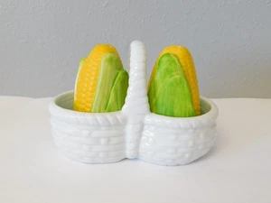 Vintage Set gelb & grün Keramik Maisstiel Salz & Pfefferstreuer mit Korb - Bild 1 von 3