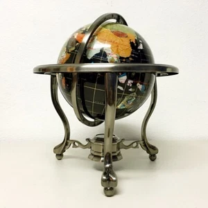 14" Black ocean Silver 3- leg table stand Gem MOP Gemstone World MAP globe - Picture 1 of 3