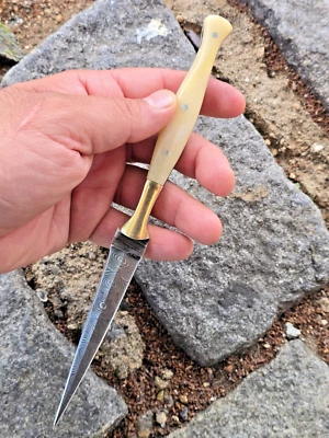 AJ SANITY DAGGER Damascus Double Edged Fix Blade Slick Tooth Pick Boot Knife Camel Bone Handle