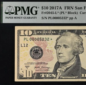 2017A 10 $ Federal Reserve Note - PMG 35 - Four Digit Low Serial Star - 00005232* - Bild 1 von 3