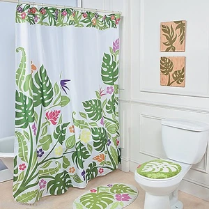 Tropical Green Palm Leaf Island Hibiscus Bloom Floral Shower Curtain & Hook Set - Picture 1 of 4