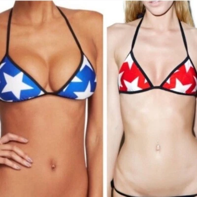 Wildfox Swim 80-е Stars XS Красный Белый Синий Двусторонний Треугольный Струнный Топ - Изображение 1 из 3