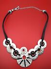 Chico?S Corded Necklace With Metal Circles And Small Beads Black White