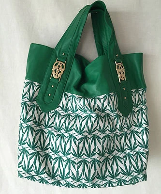 THOMAS WYLDE MARIHUANA LEAF CANVAS, GREEN LEATHER GOLD TONE SCULLS XL BAG. RARE  - Image 1 of 4