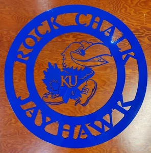 KU Jayhawks Rock Chalk Jayhawk 36 inch Metal Sign, Powder Coated Blue - Picture 1 of 2