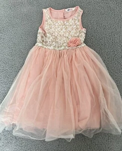 H&M Pink Gold Floral Embroidered Sequin Sparkle Kids Poofy Dress Size 6-7Y - Picture 1 of 7