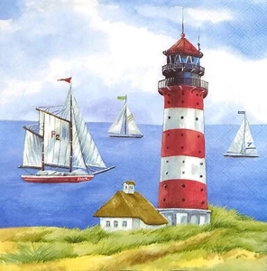 R294# 3 servilletas de papel individuales para decoupage faro costero y barcos en el mar - Imagen 1 de 10