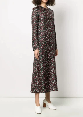 Marni Liz Floral-Print Silk-Twill Button-Up-Back Midi Dress in Black sz 46 - Image 1 of 4