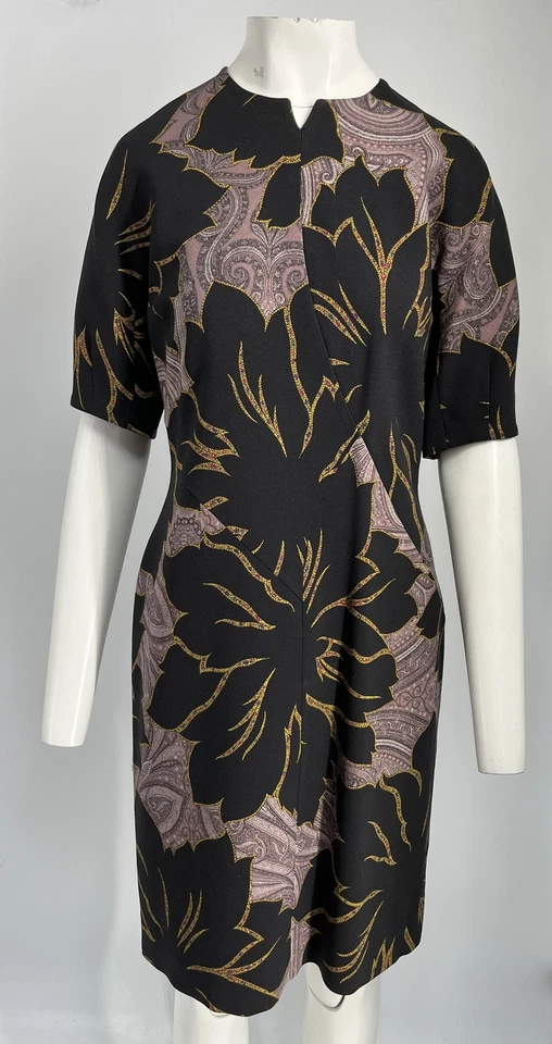 Vestido justo Etro preto manga 3/4 estampa floral paisley gola V tamanho 44 - Imagem 1 de 4