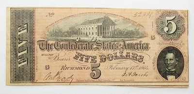 1864 $5 The Confederate States of America, Richmond, VA  No. 52021 - Image 1 of 4