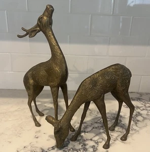 Vintage MCM maculato ottone massiccio cervo statuine Buck & Doe coppia di 2 grandi pesanti - Foto 1 di 11