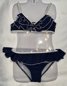 Janie And Jack Girl Size 14 Swimsuit 2 Piece Navy White Ruffle Pool Vacay VGUC - Picture 1 of 7