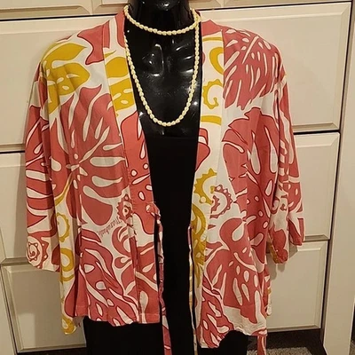 Manuhealii Pink & Yellow Kimono Jacket Tie Top Monstara Leaf - Image 1 of 4