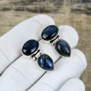 Natural Labradorite Gemstone Earrings 925 Sterling Silver Handmade Jewelry Gifts - Picture 1 of 4