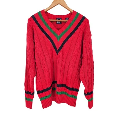 Vintage GAP Sweater 90s Cable Knit Varsity Tennis Cricket VNeck L Preppy Holiday - Image 1 of 4
