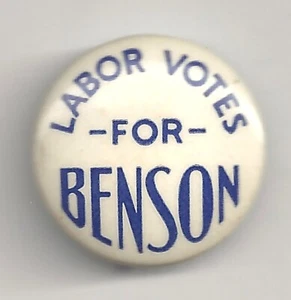 1930er Jahre Minnesota Governor Pin ARBEIT STIMMEN FÜR Elmer BENSON Pinback - Bild 1 von 2