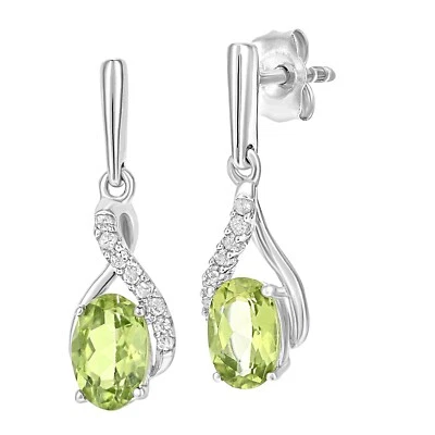 9ct White Gold Oval Peridot Diamond 1.8cm Height Drop Earrings by Naava - Image 1 of 4
