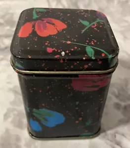 Vintage Floral Decorative Tin Box Black w/Lid Retro Flower Pattern Storage Decor - Picture 1 of 9