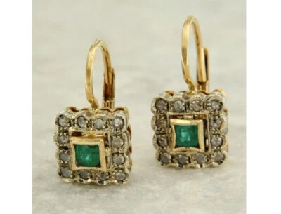 3Ct Round Lab Created Emerald Vintage Leverback Earrings 14K Yellow Gold Finish - Image 1 of 3