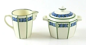 Blue Flowers & Green Lines Pattern Creamer & Sugar Bowl w/ Lid Set, Germany 2322 - Picture 1 of 8
